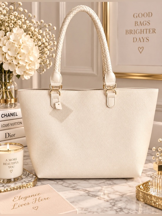 Handbags - Cream Textured Tote Bag with Braided Handles